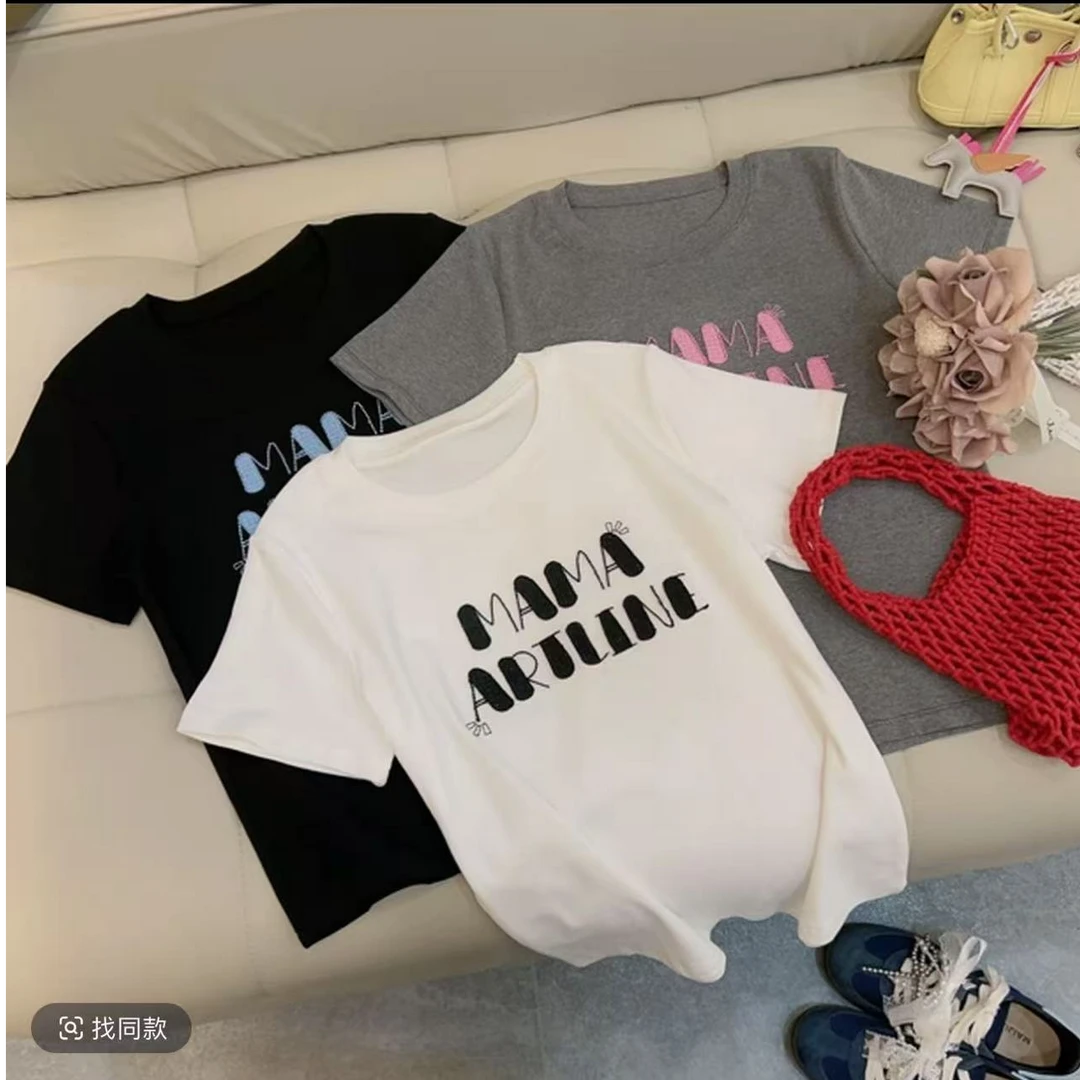 【十三行字母撞色】2025夏季新款圆领字母刺绣T恤女正肩显瘦上衣