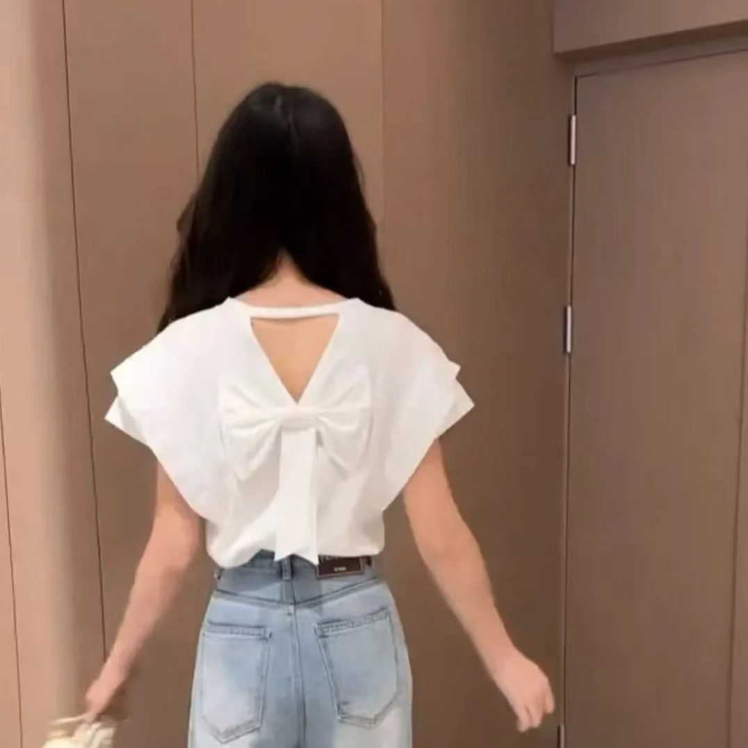 2025夏季新款T恤飞飞袖蝴蝶结镂空纯色在逃公主
