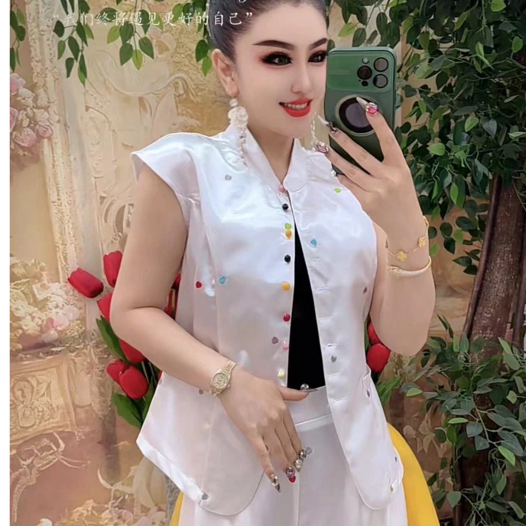 12737 炫彩纽扣设计时尚潮流衫+裤子两件套