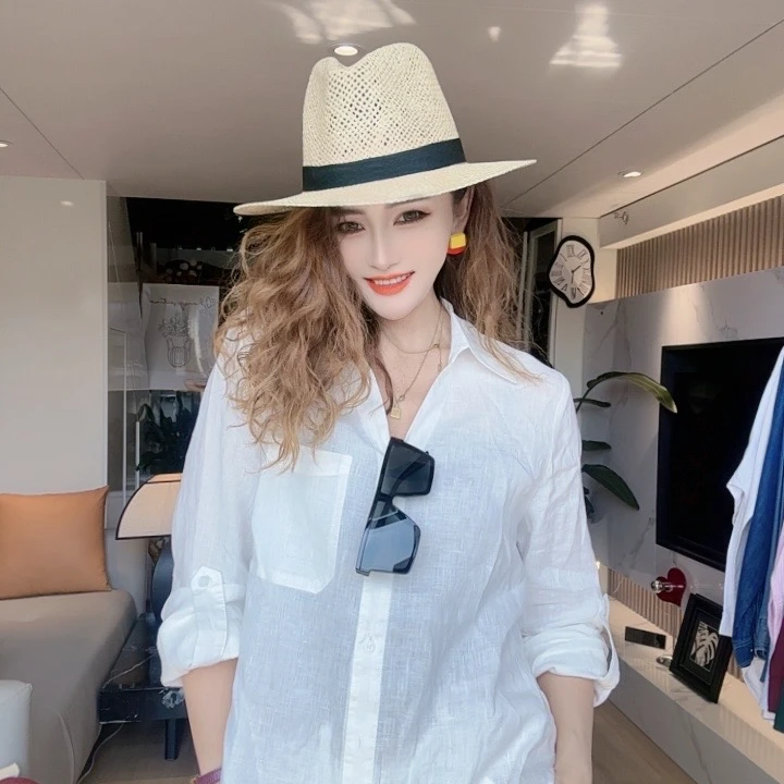 亚麻衬衫夏季法式防晒长袖衬衣白色洋气口袋薄款韩版气质衬衣