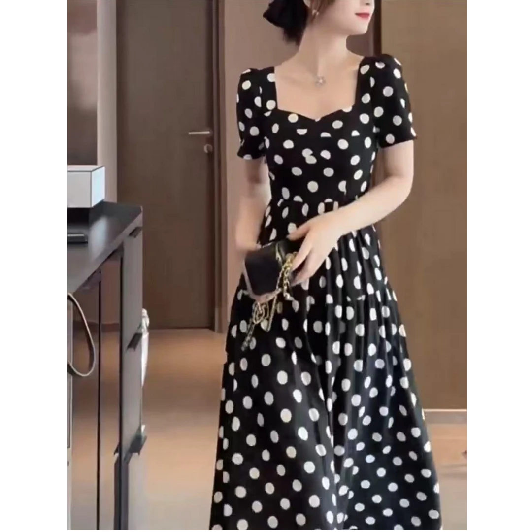 大码方领波点短袖连衣裙女2025夏新款胖mm法式气质收腰显瘦连衣裙