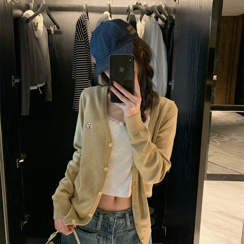 【OPENING自制】春季减龄V领修狗刺绣纯色针织长袖开衫