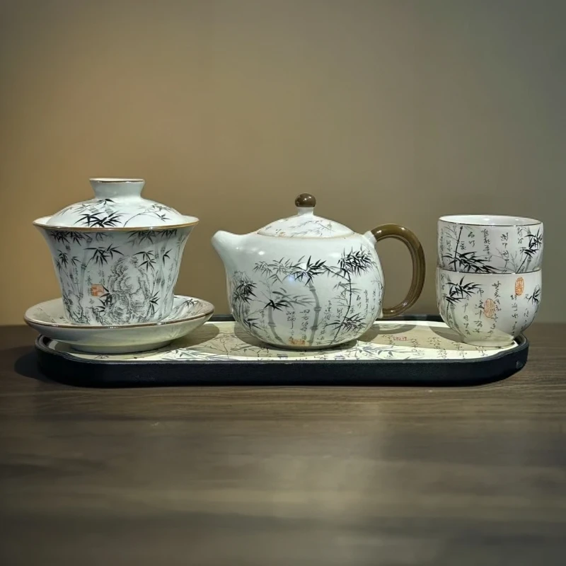 ZH1589墨竹茶壶+盖碗+两杯+茶盘