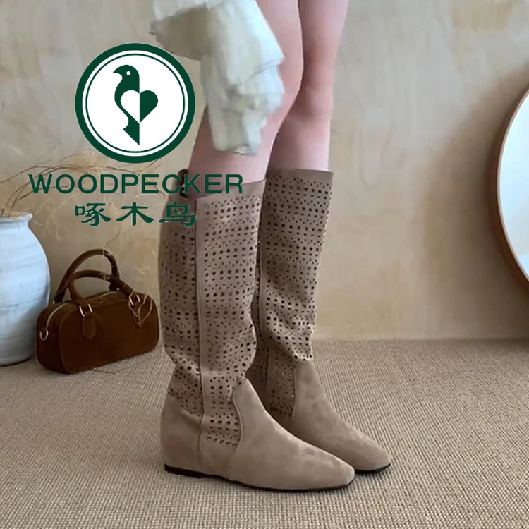 啄木鸟镂空增高磨砂皮镂空透气平底高筒靴女时髦复古辣妹风骑士靴