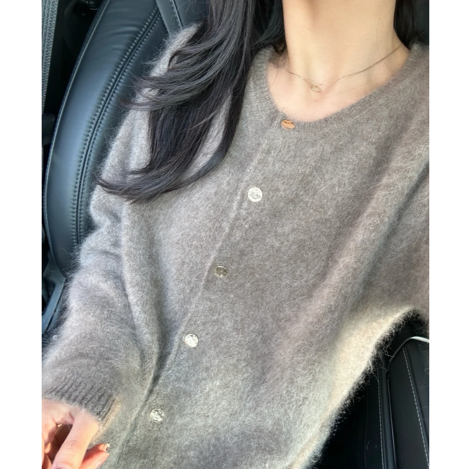 （只可干洗）一眼心动可可棕大角羊羊毛拉绒圆领洋气慵懒风针织开衫