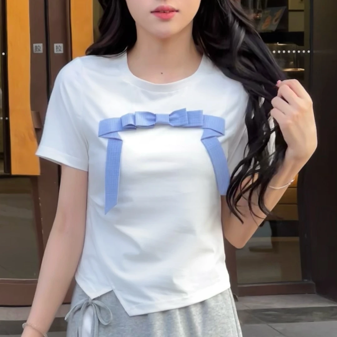 蔡小姐2025夏季新款蝴蝶结拼色短款短袖修身显瘦设计感T恤