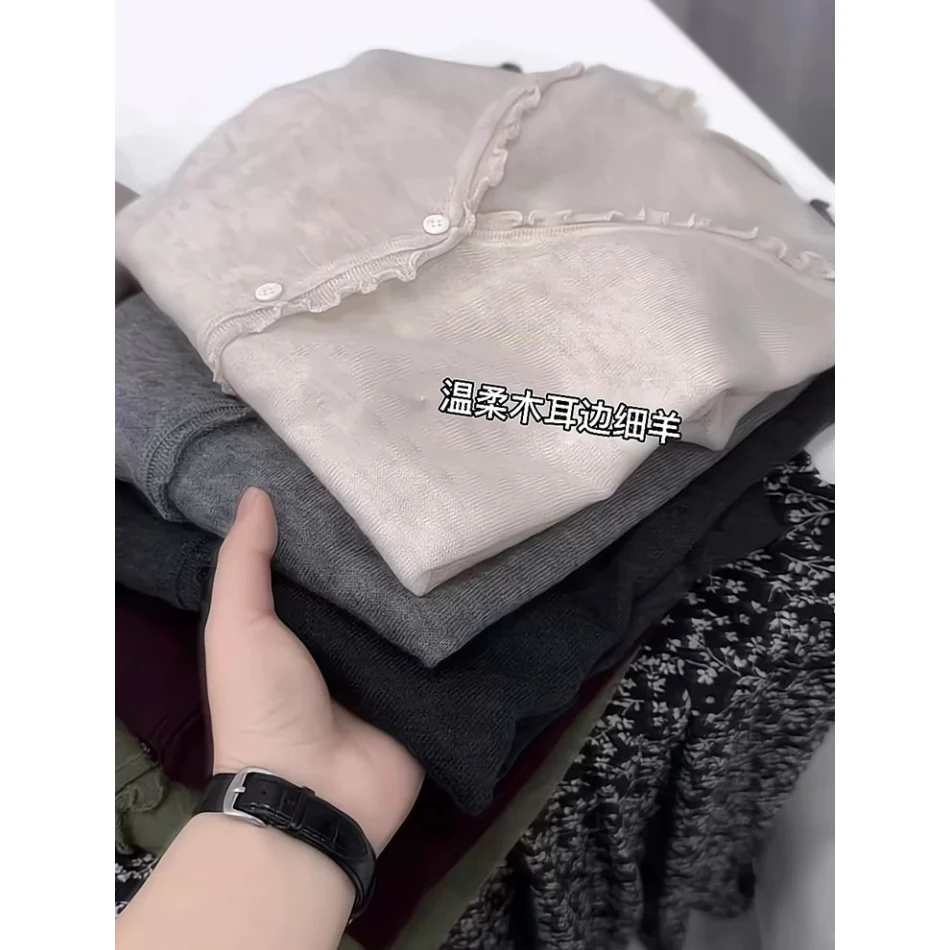 3269【V领木耳边开衫】春夏新品韩版薄款针织衫女士百搭上衣