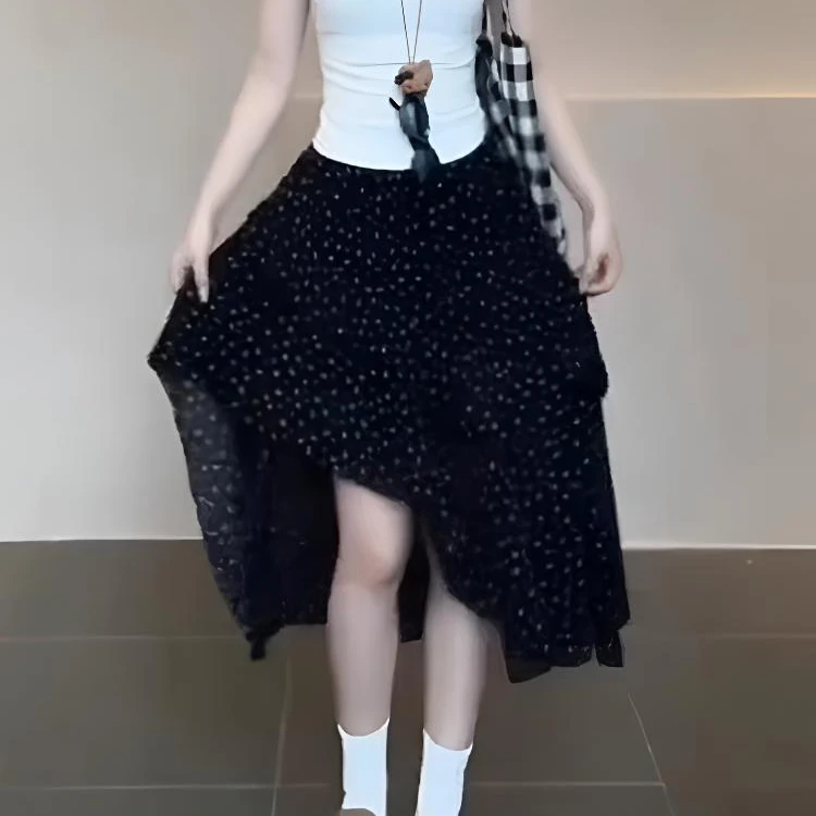 不规则黑色碎花半身裙中长款女夏季大码胖mm开叉荷叶边a字裙子