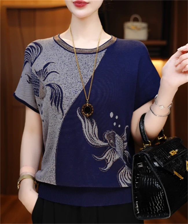 宽松型短袖韩版针织衫休闲风薄款时尚夏季中年妈妈装洋气高贵上衣