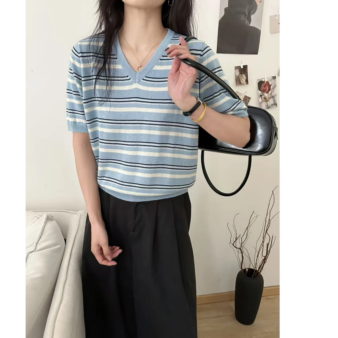 夏季新品！【V领条纹】撞色V领套头条纹短袖针织T恤衫 NQ-024