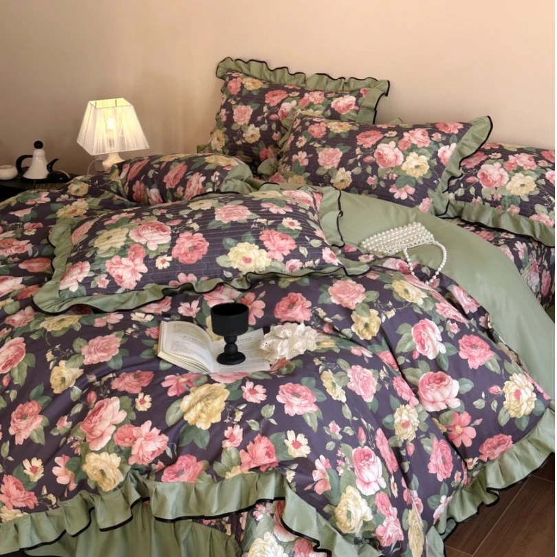 2025新款【花团锦簇】法式复古优雅全棉印花床盖款四件套床上用品