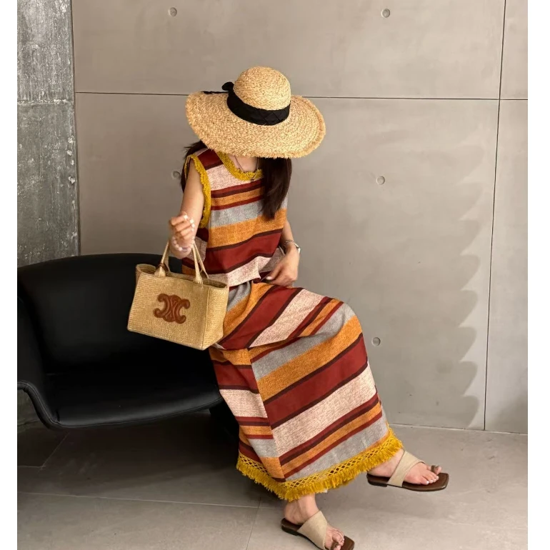 DEZI无袖洋气波西米亚欧系显瘦条纹连衣裙LS01283066