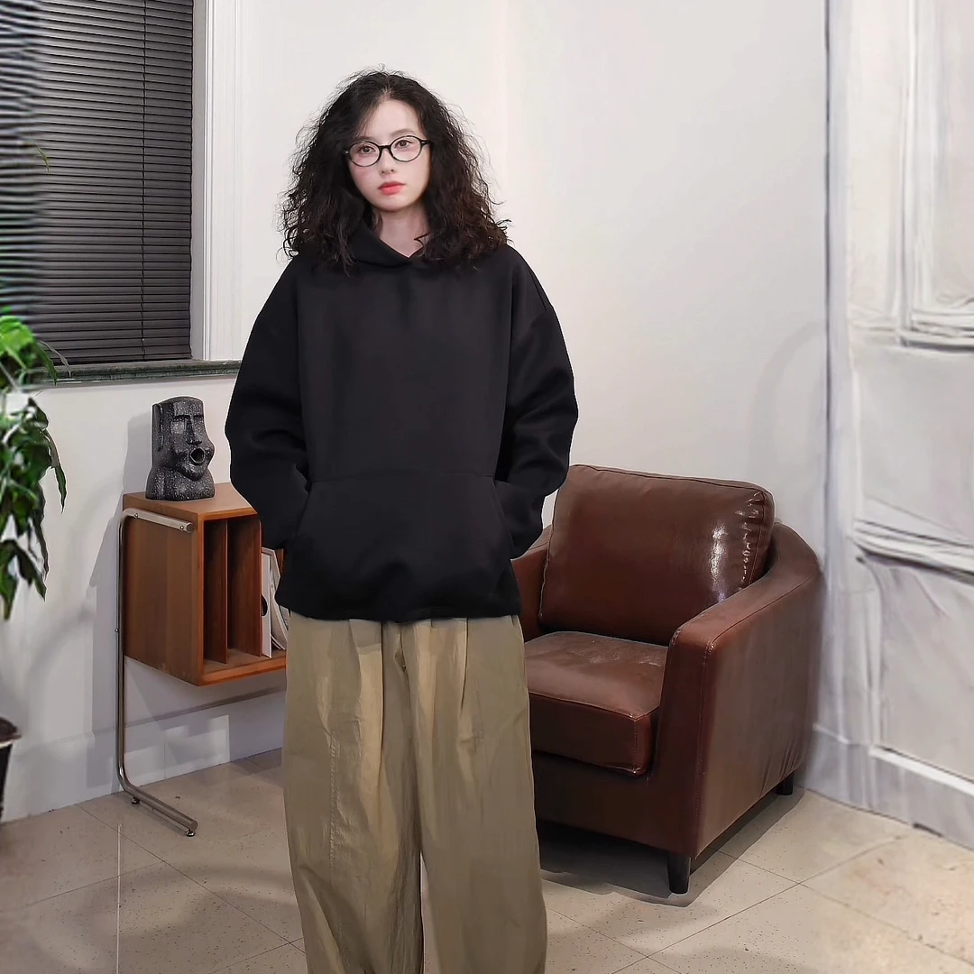 【自制】套头长袖厚款纯色不起球保暖卫衣500克重百搭黑色韩版重磅