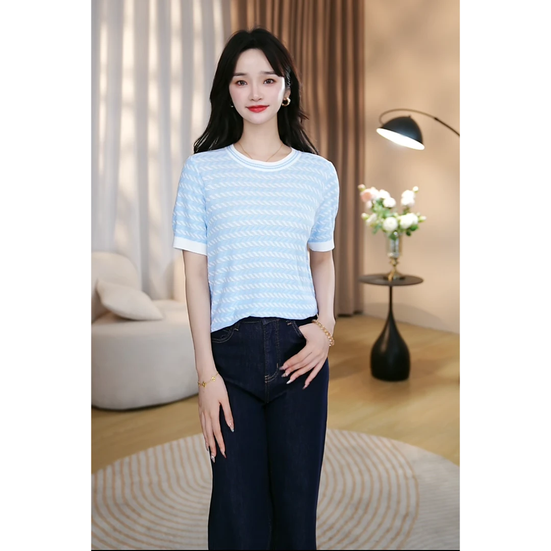 曼贝2025夏季新款编织撞色拼接圆领针织衫百搭套头衫ZZ0014【佳莹】