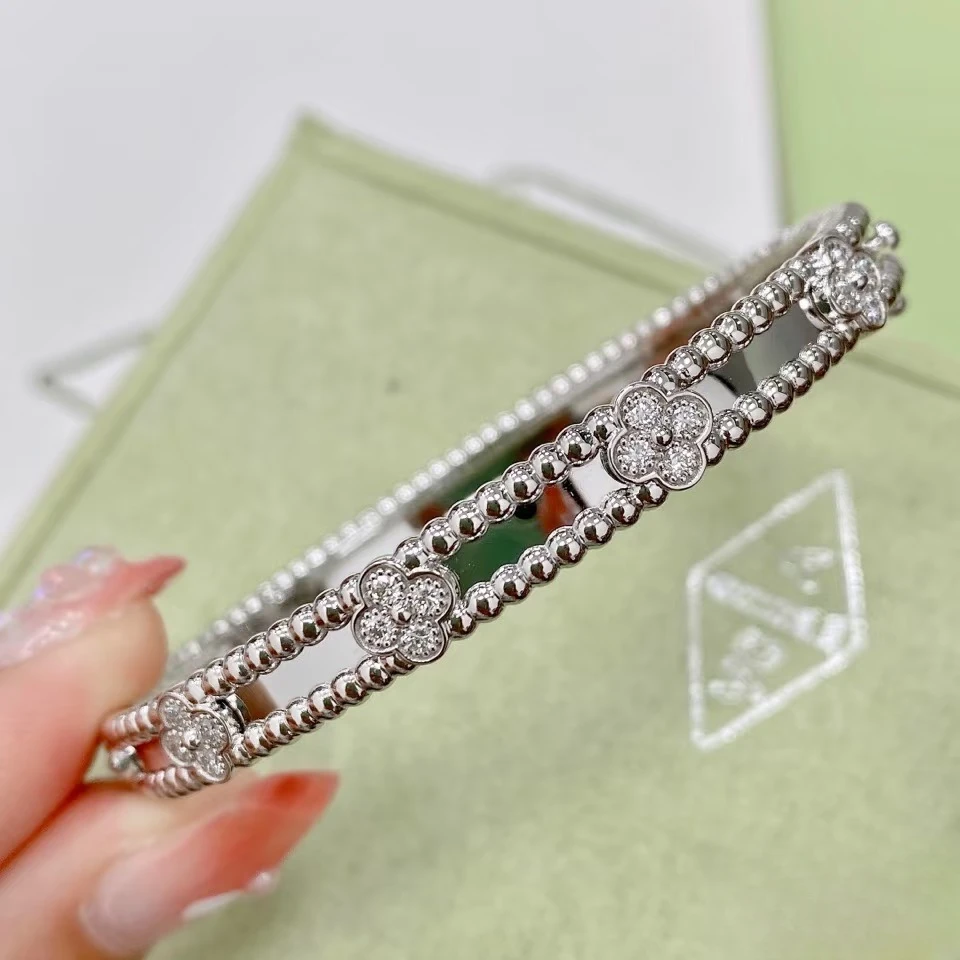 未使用 梵克雅宝 小花柳 万花筒镶钻手镯 窄版 小号 18K白金 XS