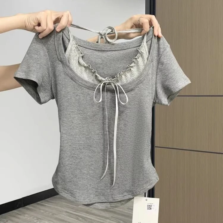 夏季新款U领褶皱假两件上衣设计感小众短袖女修身显瘦T恤气质百搭