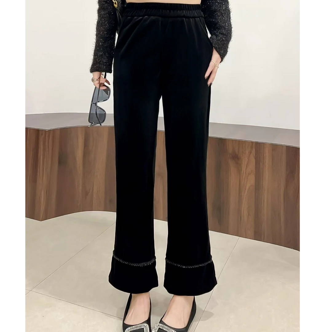 丝绒休闲裤女2025秋冬新款黑色显瘦垂感休闲百搭直筒九分裤子6018