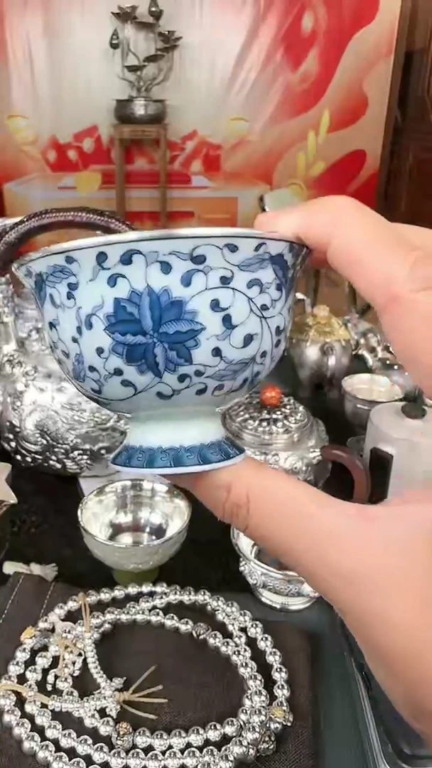 足银999精工手工青花瓷高脚主人杯 颜色自行备注