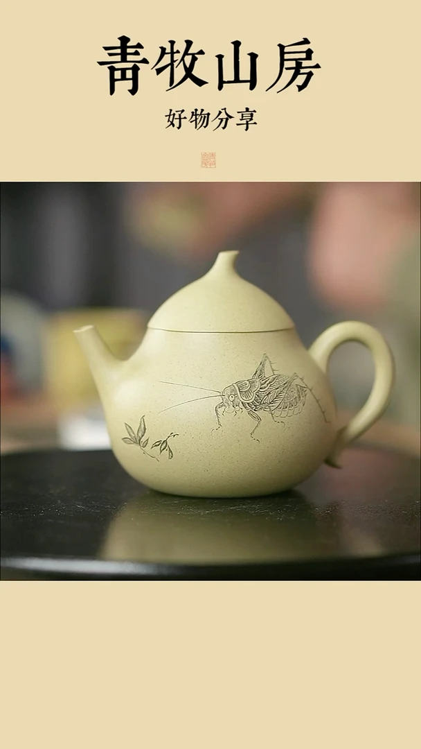 茶杯紫砂无忧刻绘茄瓜蝈蝈