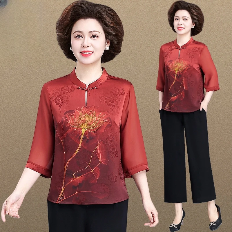 妈妈夏装雪纺上衣洋气中老年女夏季套装新中式中袖小衫老年人衣服