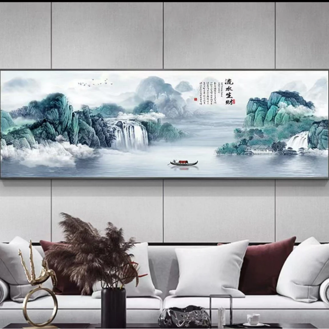 流水生财中国风沙发背景墙壁挂画大气单幅办公室山水墙画