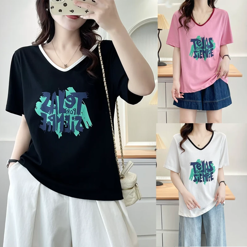 夏季女装休闲字母印花U领短袖T恤百搭减龄洋气宽松显瘦薄上衣2251