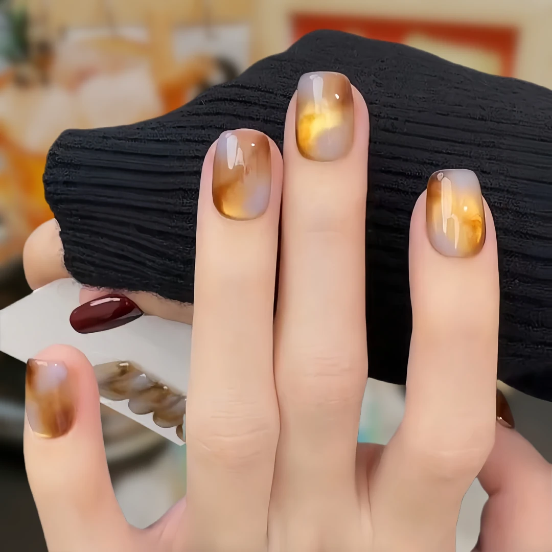 【蓝烟琥珀】纯手工穿戴甲金棕雾霾蓝晕染猫眼温柔气质显白高级感