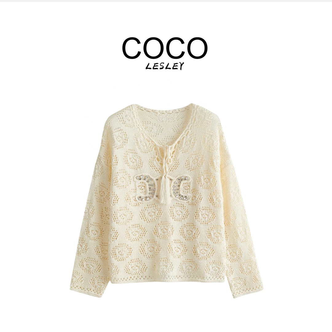 【COCO LESLEY】镂空长袖镶钻罩衫系带宽松针织上衣msl029