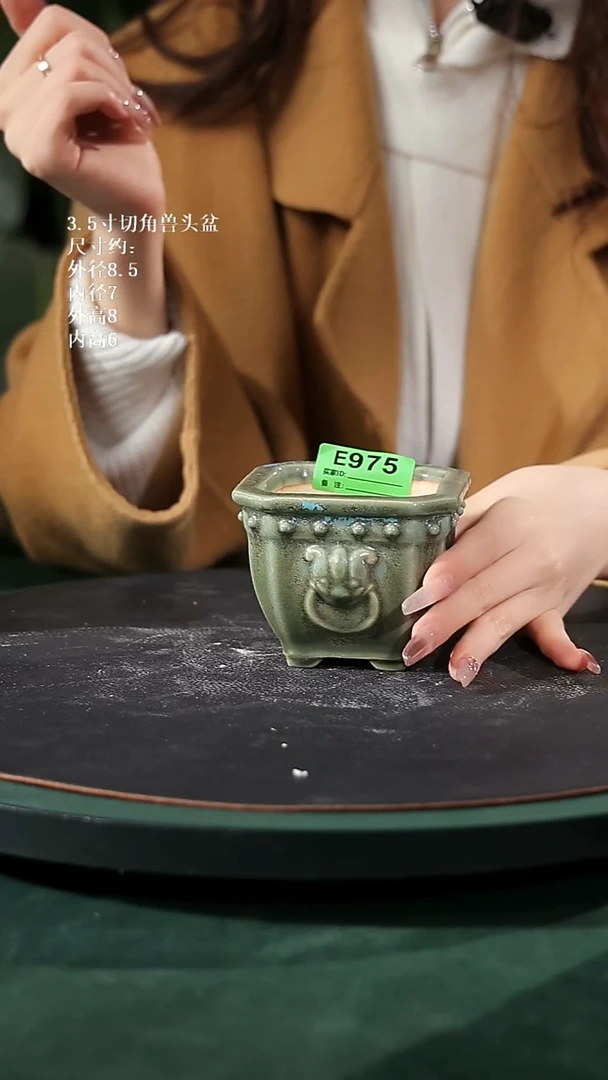 【石湾花盆】3.5寸切角兽头方盆975