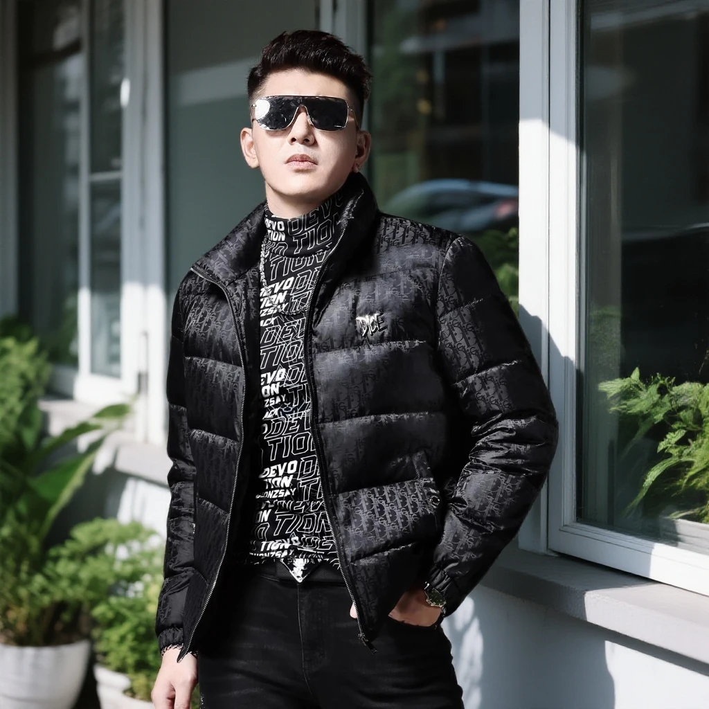 娜罗普西时尚休闲男装字母暗纹潮牌徽章羽绒服男新款男士外套冬季