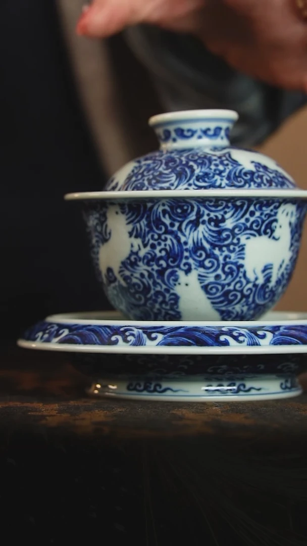 宣之堂 青花暗刻十二生肖 三才盖碗