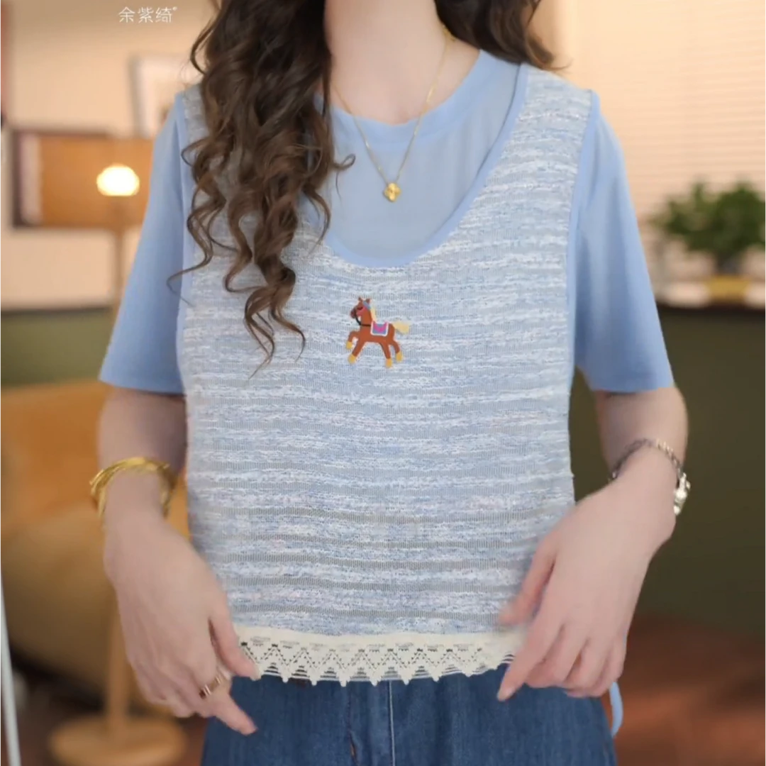 【柔声晚霞】2025新款夏日宽松T恤女假两件显瘦休闲上衣LK2504786