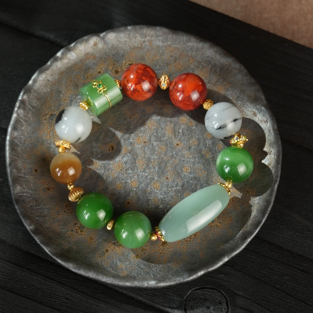 【壹芳珠宝】天然原矿和田玉勒子多宝火焰纹18k金镶手串12-14mm