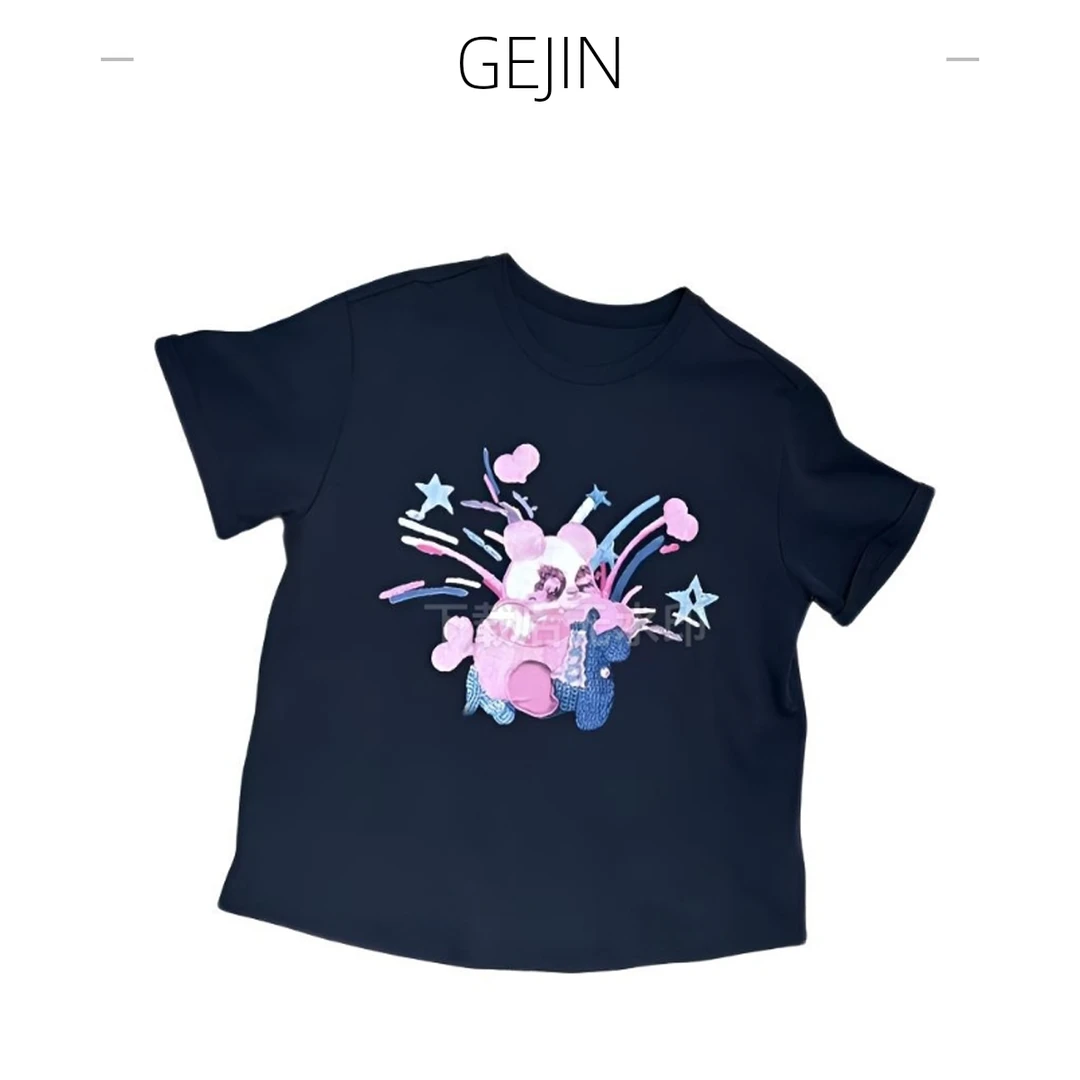GEJIN/歌锦女士夏季时尚圆领印花新款国风设计师轻奢卡通潮服T恤