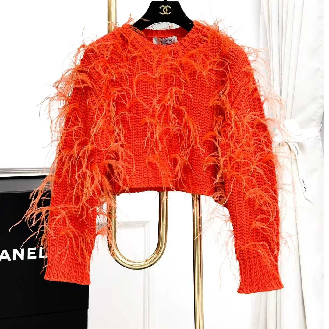 99新 Valentino/华伦天奴 S码橘色鸵鸟毛长袖短款针织上衣，毛衣