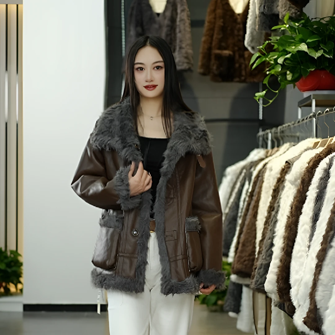 网红洋气中长款休闲时尚百搭女士新款毛毛外套女8068-