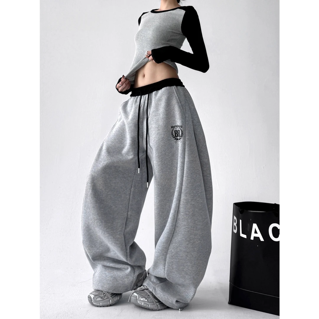 春秋季新款弯刀休闲卫裤女运动爵士舞宽松美式嘻哈潮牌垂感阔腿裤