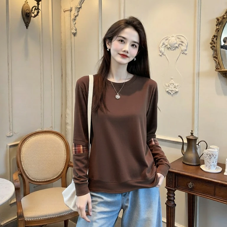 【格子拼接】袖子拼接设计感正肩卫衣打底单穿卫衣宽松长袖