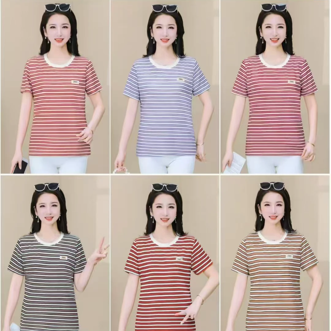 女士条纹短袖批发。 裤子，衣服可组合混搭60件起批。