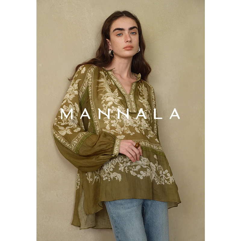 MANNALA丨“春游衫”重磅重工度假风苎麻印花拼接蕾丝衬衫 Q2479