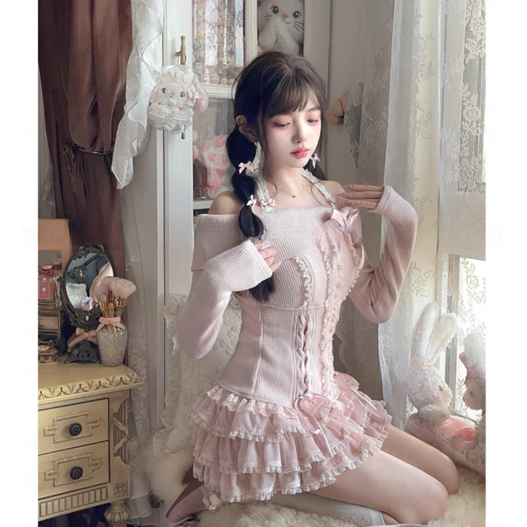 【现货】大码香软温柔蝴蝶结一字肩长袖上衣高级感蛋糕裙套装10797
