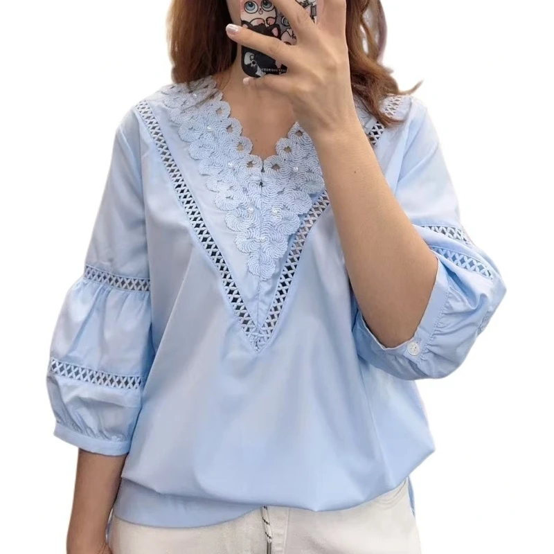 镂空中长款衬衫设计感夏季小衫拼接提花气质成人蕾丝