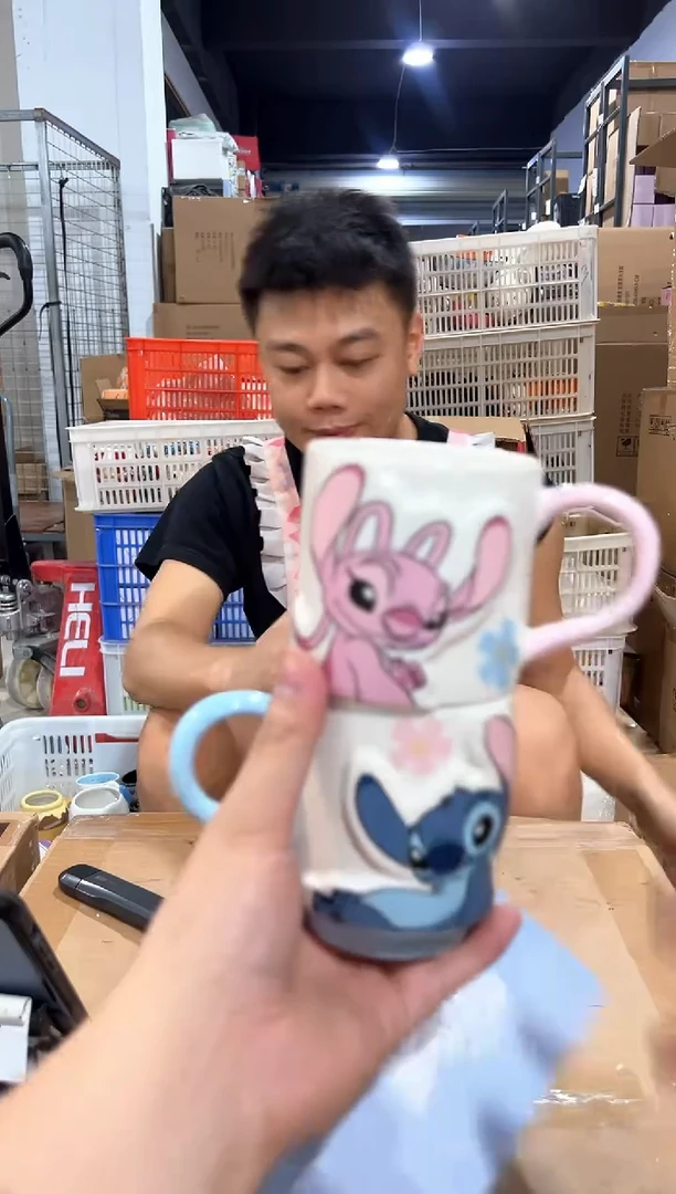 瓷片原盒史迪仔安琪花花对杯