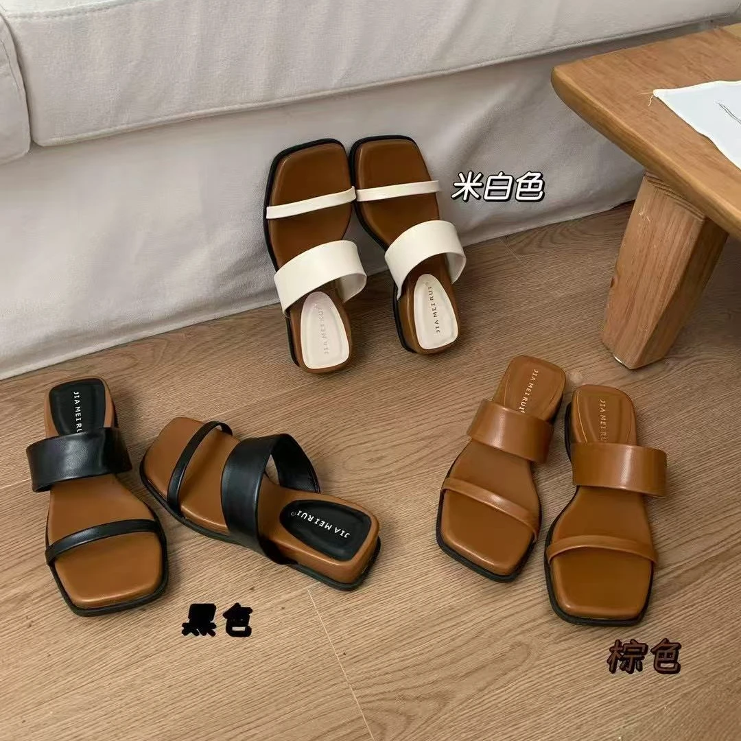 4公分~休闲方头一字带露趾百搭沙滩拖鞋夏季软底凉拖鞋女