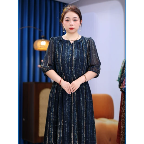 【欧版竖条纹】夏季贵夫人高端气质宽松腰木耳领连衣裙