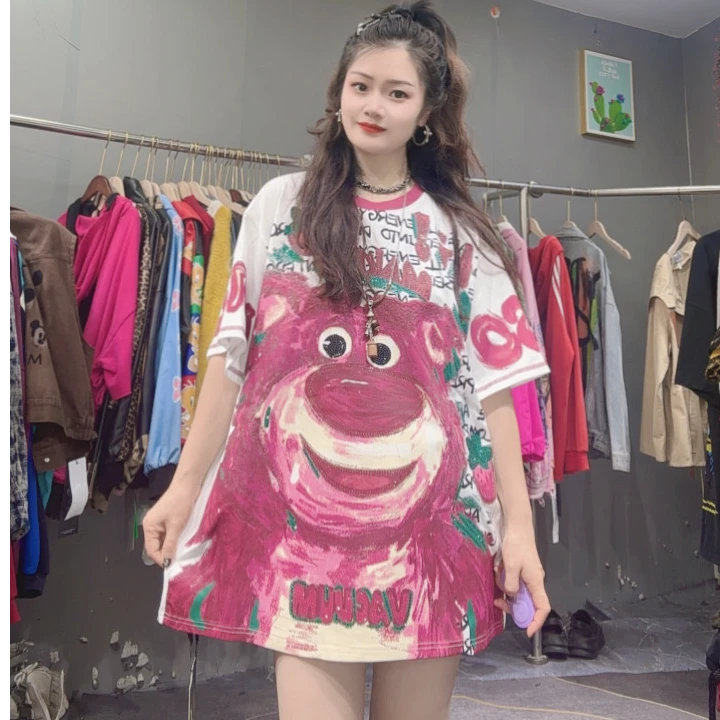 LY家20823#M.X夏季草莓熊印花烫钻休闲百搭短袖T恤宽松2026女款