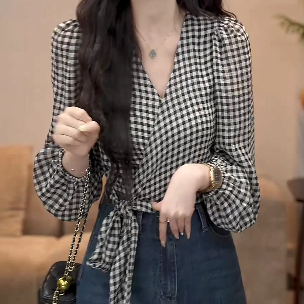 【竹摇碎影】高级感绑带收腰长袖格子衬衫女秋季C5862