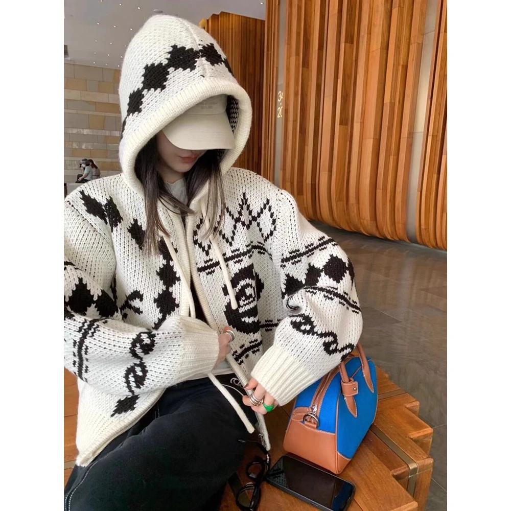 QYao Girls【950克高克重】玫瑰麋鹿提花针织衫外套连帽拉链开衫女