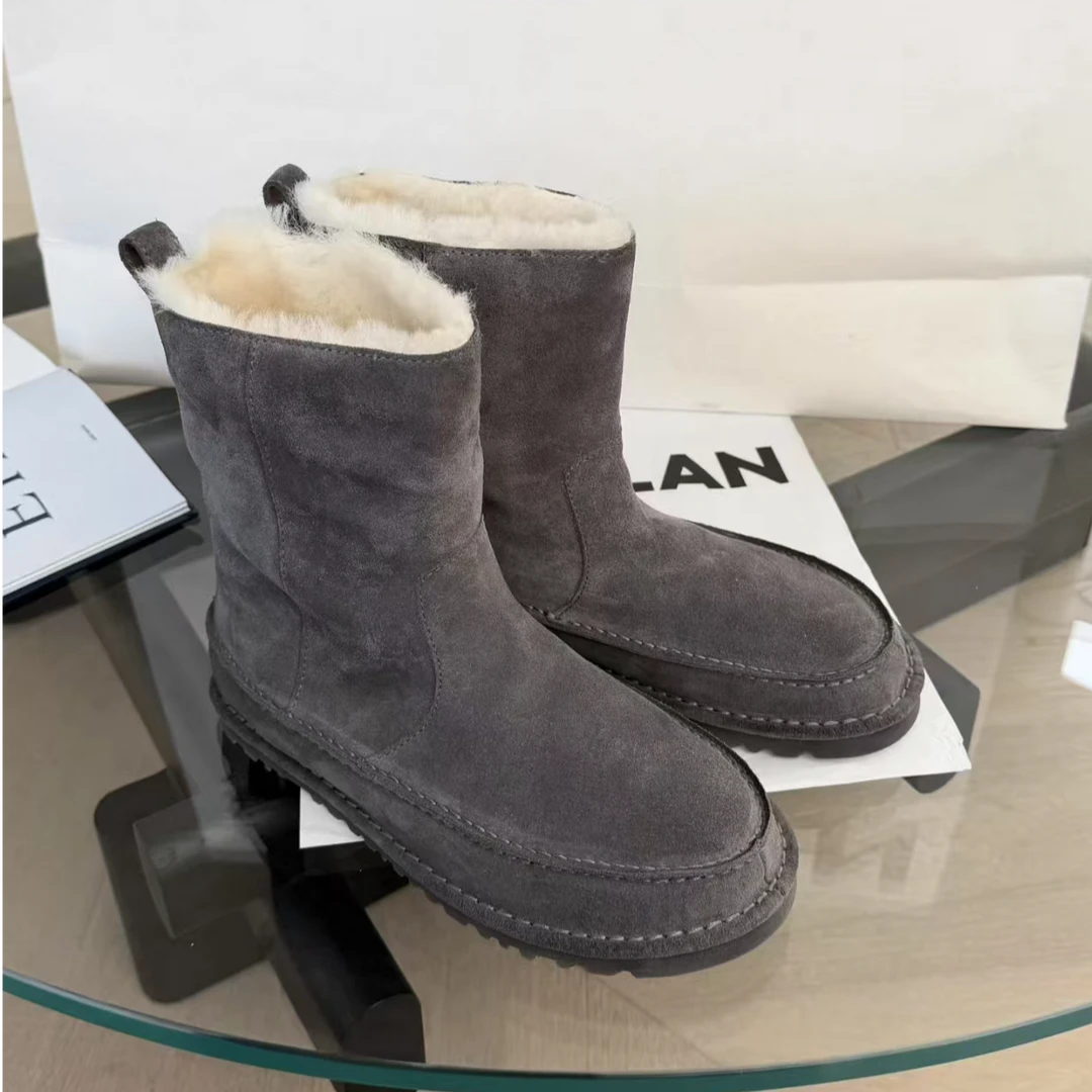 诗歌兰真皮女靴2025冬季新款时尚磨砂皮加绒保暖平底短靴女雪地靴
