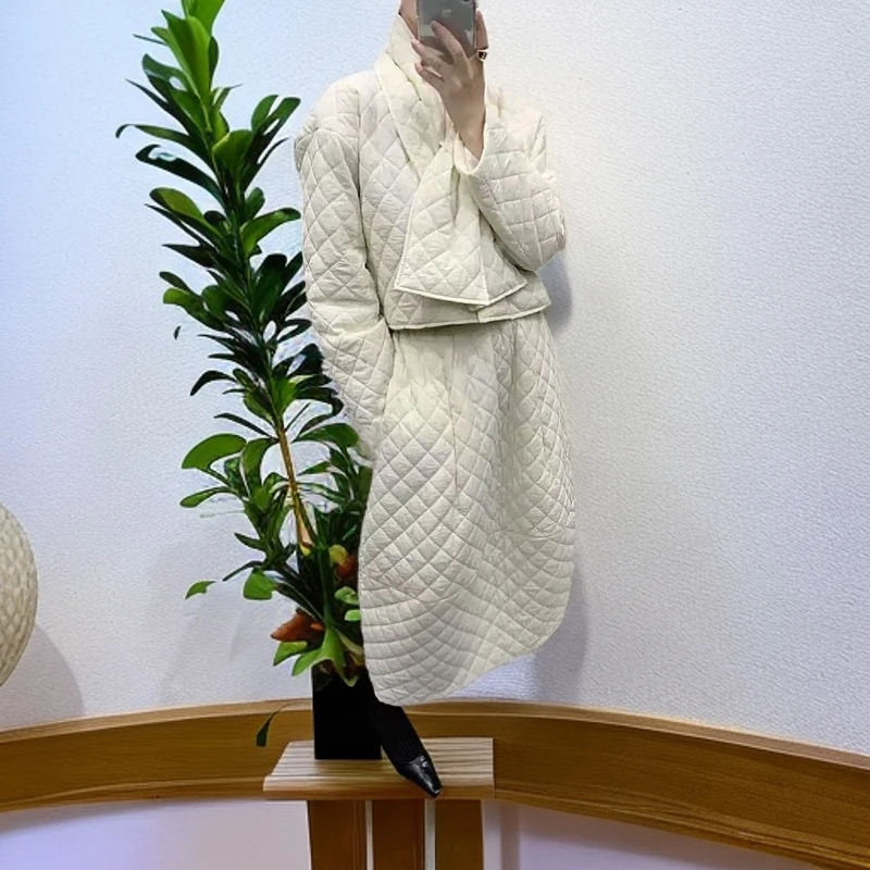 秋冬高级小众韩代慵懒松弛感萎格纹冬季棉服外套+半裙夹棉服套装